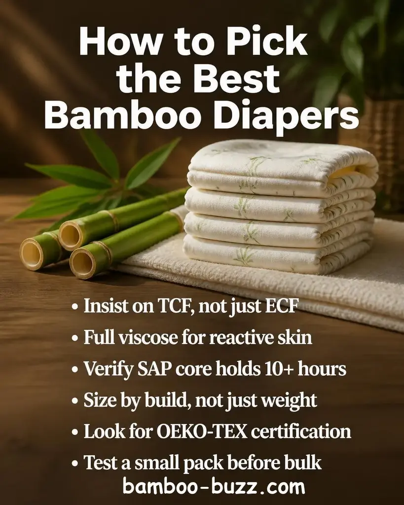 Folded bamboo viscose diapers stacked on a light wood surface with fresh green bamboo stalks and a soft cream cloth, warm natural lighting with brown and green tones - best bamboo diapers