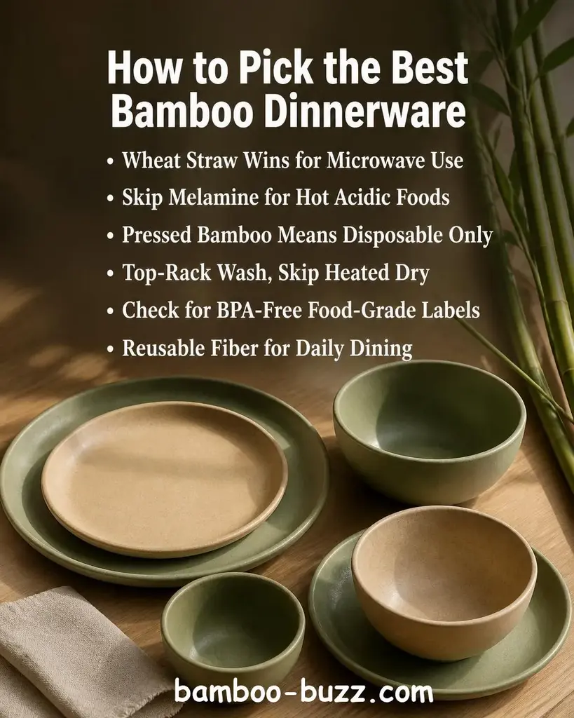 Bamboo fiber dinnerware plates and bowls in natural tan and sage green tones arranged flat on a warm light wood surface with bamboo stalks and a folded linen napkin nearby in soft natural light - best bamboo dinnerware
