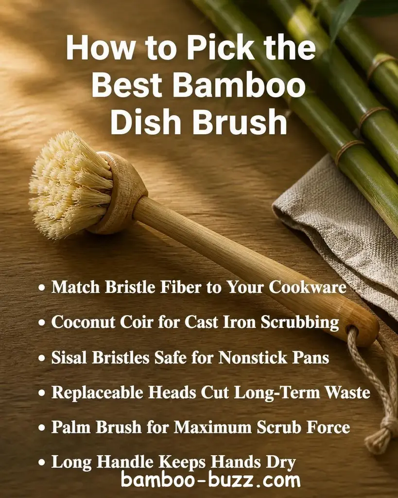 Bamboo dish brush with sisal bristles resting on a light wood surface beside a small bundle of bamboo stalks and a folded linen cloth, warm natural lighting with soft bokeh - best bamboo dish brush