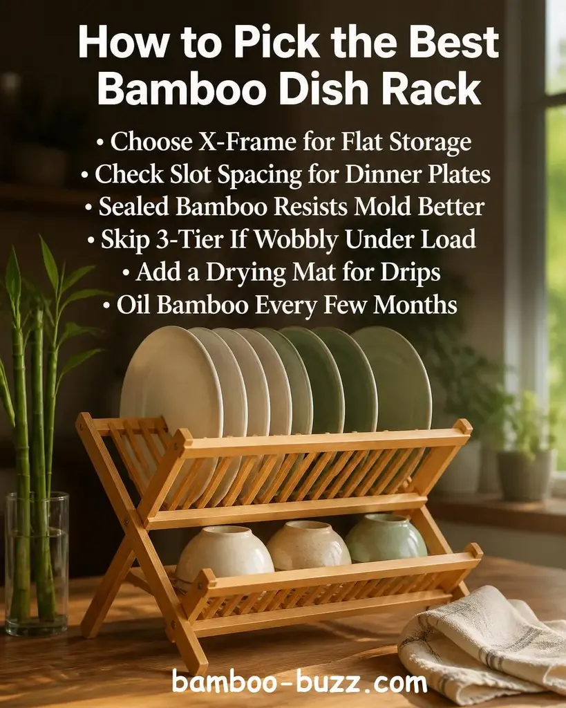 Two-tier foldable bamboo dish rack holding white plates and small bowls on a warm light wood countertop with bamboo stalks and a folded linen towel nearby - best bamboo dish rack