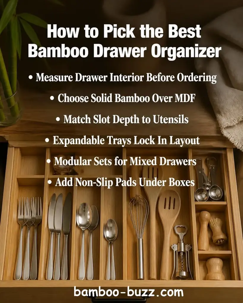 Bamboo drawer organizer tray with sorted silverware compartments on a warm light wood surface with bamboo stalks and folded linen texture in soft natural light - best bamboo drawer organizer
