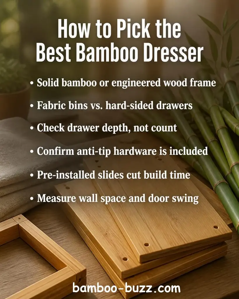 Bamboo dresser drawer panels and a bamboo frame plank on a light wood surface with bamboo stalks and folded linen textile in warm natural light - best bamboo dresser