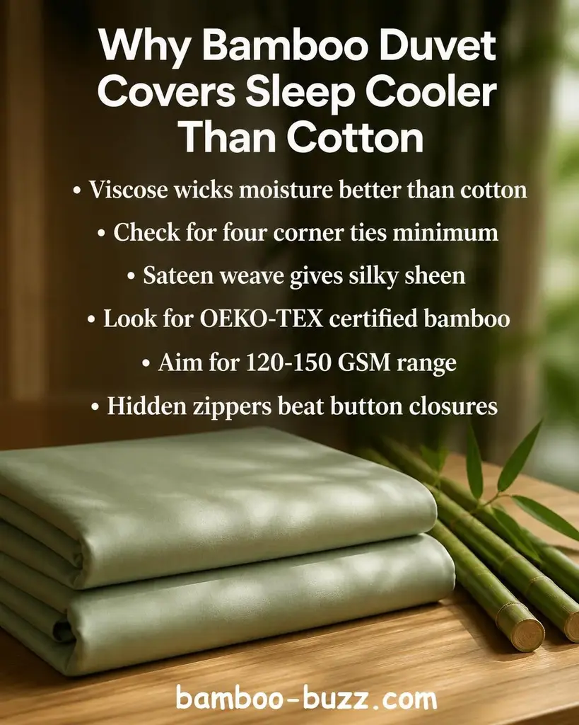 Folded sage green bamboo duvet cover with sateen sheen on a light wood surface with bamboo stalks nearby and soft natural daylight - best bamboo duvet cover