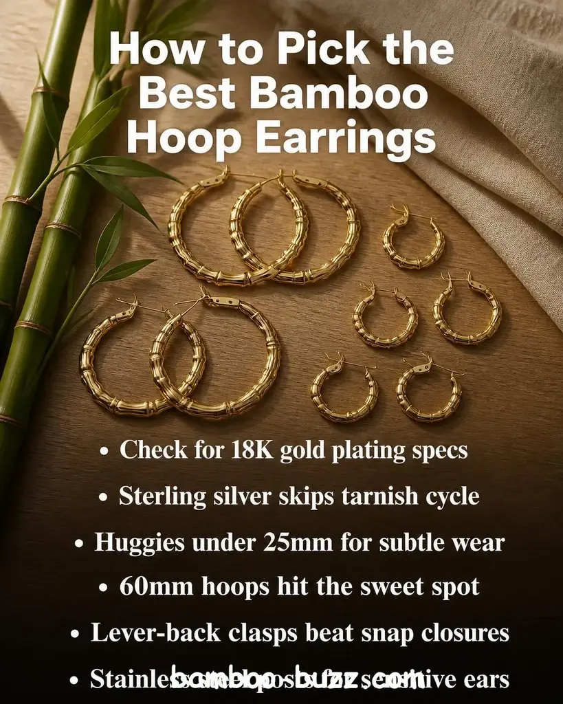 Several gold-plated bamboo hoop earrings of different diameters arranged on a warm light wood surface with bamboo stalks and folded linen fabric beside them - best bamboo earrings