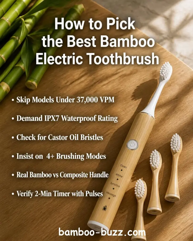 Bamboo-handled electric toothbrush with replacement bamboo brush heads on a light wood surface, bamboo stalks in upper corner, warm natural lighting - best bamboo electric toothbrush