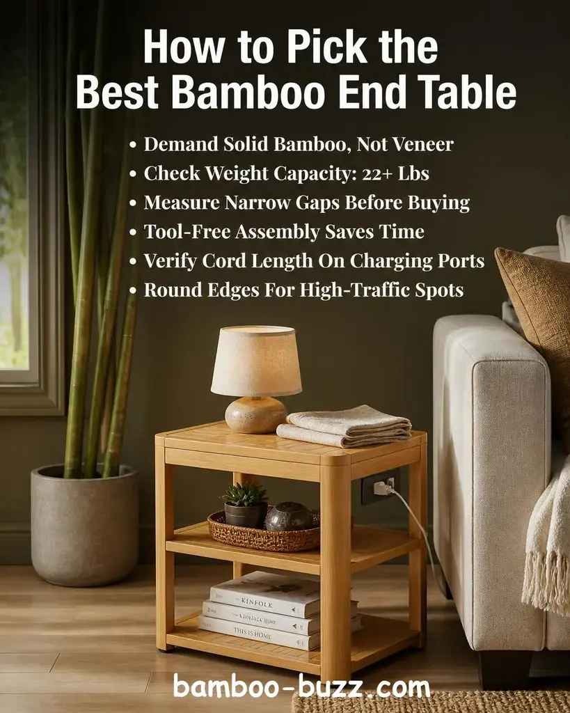 A two-tier natural bamboo end table with a small lamp and folded linen on the top shelf, bamboo stalks blurred in the background, warm wood floor in soft natural light - best bamboo end table