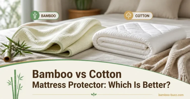 Side by side bamboo and cotton mattress protectors with bamboo sprig on linen bedroom background and article title text overlay