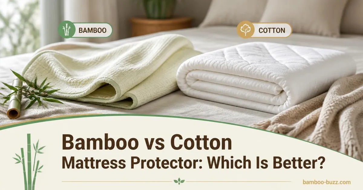 Side by side bamboo and cotton mattress protectors with bamboo sprig on linen bedroom background and article title text overlay