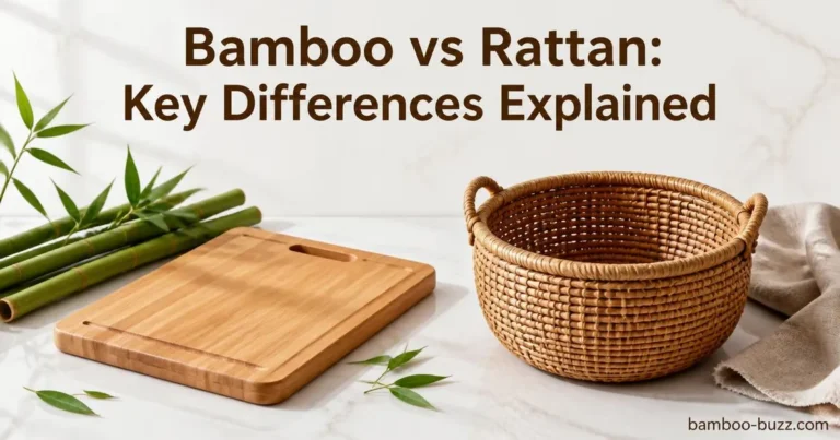 Side by side photorealistic bamboo cutting board with bamboo stalks and rattan woven basket on light marble countertop