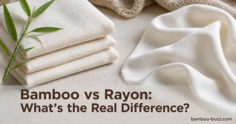 side by side close up of folded bamboo textile with bamboo sprig and smooth rayon fabric on natural linen background