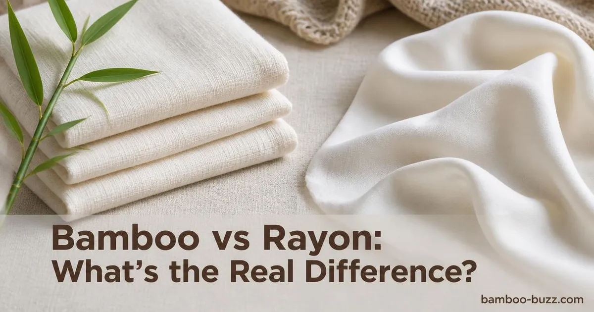 side by side close up of folded bamboo textile with bamboo sprig and smooth rayon fabric on natural linen background