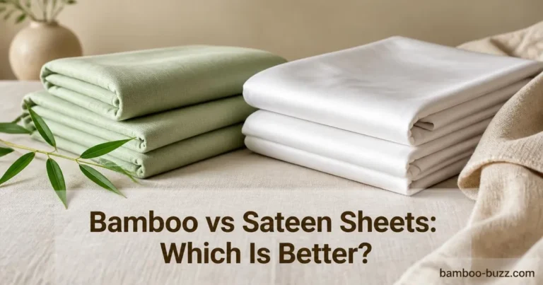 Folded bamboo sheets with bamboo leaf sprig next to smooth folded sateen sheets on linen surface under soft natural light