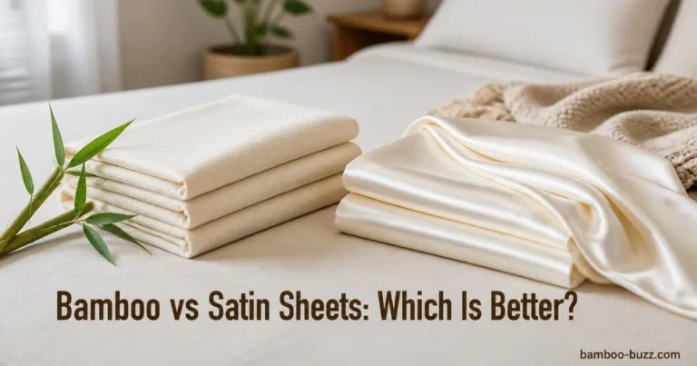 Side-by-side photo of folded bamboo sheets with bamboo sprig and smooth satin sheets on soft neutral background with title overlay