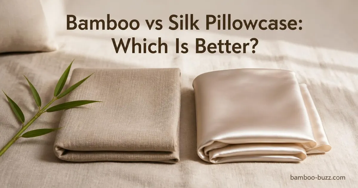 folded bamboo pillowcase with bamboo sprig next to smooth folded silk pillowcase on natural linen background