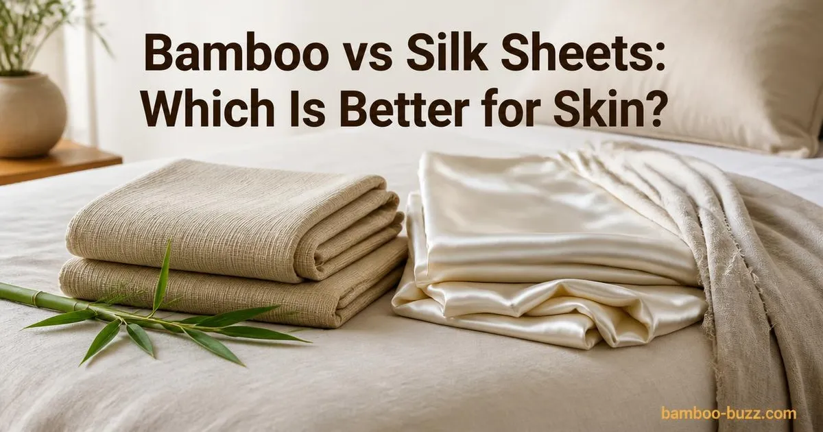 bamboo and silk sheets side by side on bed with bamboo sprig and soft linen background