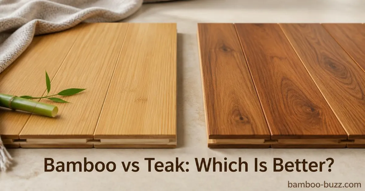 Side-by-side close angled view of bamboo flooring with bamboo stalk and teak flooring planks on neutral indoor floor background
