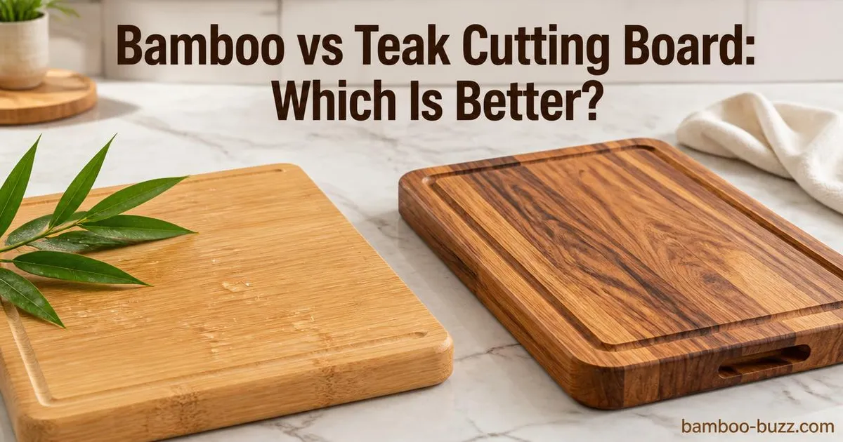 Side by side bamboo and teak cutting boards on marble counter with bamboo leaves and water droplets visible