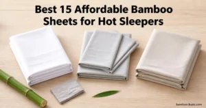best affordable bamboo sheets: two folded sheet sets and one deep-pocket queen set with a bamboo stalk and leaf on light wood.