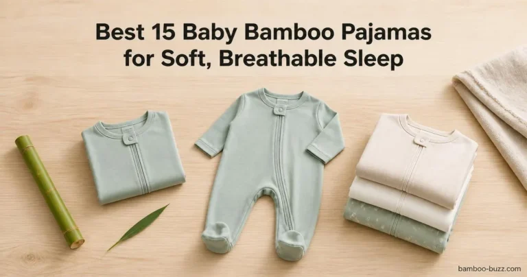 best baby bamboo pajamas: three unbranded footie sleepers and a folded romper with a bamboo stalk on light wood