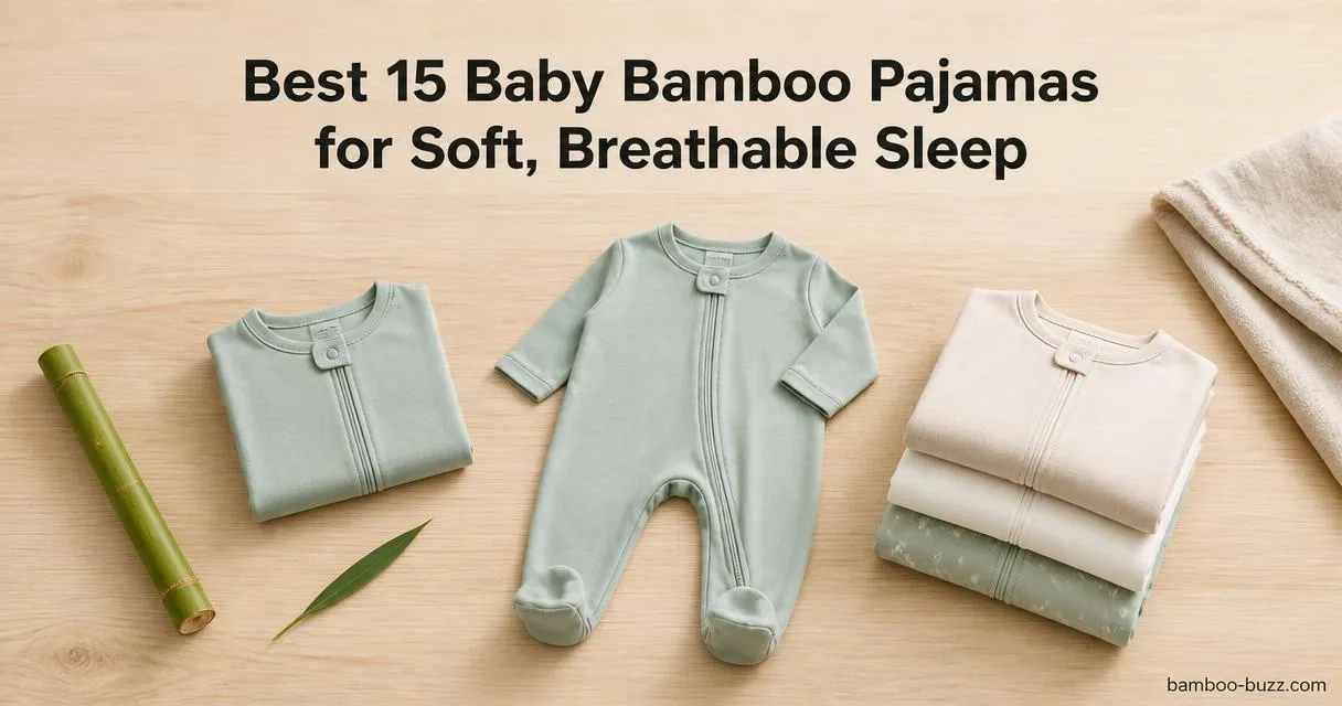 best baby bamboo pajamas: three unbranded footie sleepers and a folded romper with a bamboo stalk on light wood