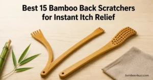 best bamboo back scratcher trio: curved 17" pair, 22" extra-long, 59-point massage, fanned on light wood with leaf