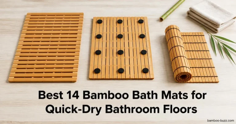 best bamboo bath mat trio: waterproof slatted mat, 12-rubber-foot mat and roll-up foldable mat with bamboo stalk on light wood
