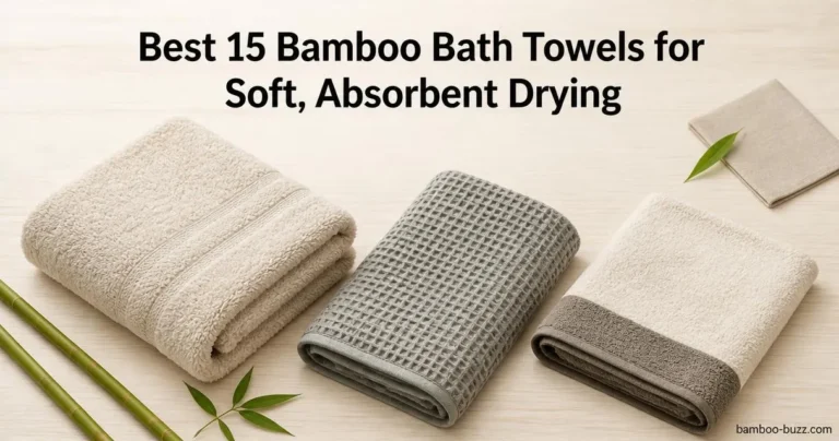 best bamboo bath towels: three folded towels (waffle, plush 700 GSM, two-tone) on light wood with bamboo stalk and leaf