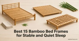 best bamboo bed frame: three unbranded frames (headboard, slatted, low-profile) on light wood with bamboo stalk