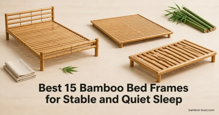 best bamboo bed frame: three unbranded frames (headboard, slatted, low-profile) on light wood with bamboo stalk