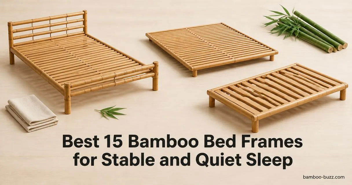 best bamboo bed frame: three unbranded frames (headboard, slatted, low-profile) on light wood with bamboo stalk