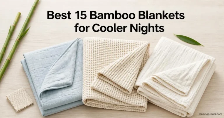 best bamboo blanket trio: folded cooling throw, waffle blanket, layered muslin on light wood with bamboo stalks
