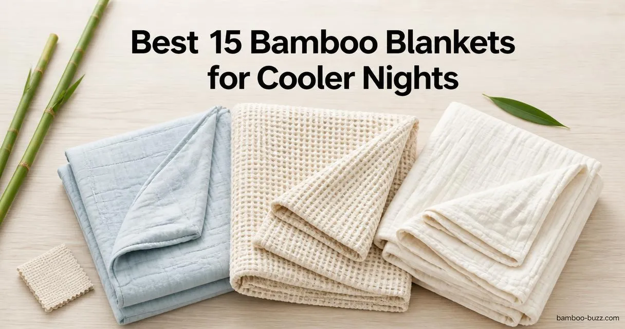 best bamboo blanket trio: folded cooling throw, waffle blanket, layered muslin on light wood with bamboo stalks