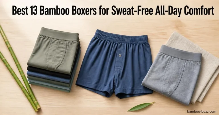 best bamboo boxers: three folded pairs (briefs with fly, loose-fit shorts, rayon briefs) on light wood with bamboo stalks