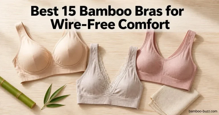 best bamboo bras: three wire-free bras (deep-V bralette, seamless support, full-bust) flatlay on light wood with bamboo stalk
