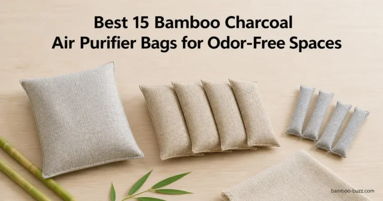 Bamboo charcoal air purifier bags — large, medium and small pouches flatlay on light wood with bamboo stalk and leaf