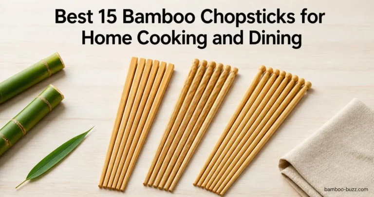 Bamboo chopsticks sets (plain, twisted, round-head) arranged parallel on a light wood surface with bamboo stalks, leaf, and folded linen.