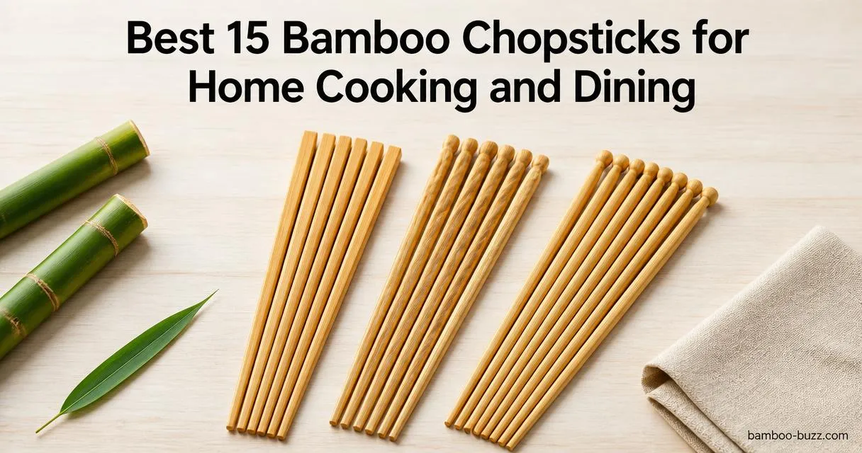 Bamboo chopsticks sets (plain, twisted, round-head) arranged parallel on a light wood surface with bamboo stalks, leaf, and folded linen.