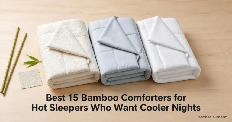 best bamboo comforter: three folded cooling bamboo comforters stacked with bamboo stalk and leaf on a light wood surface