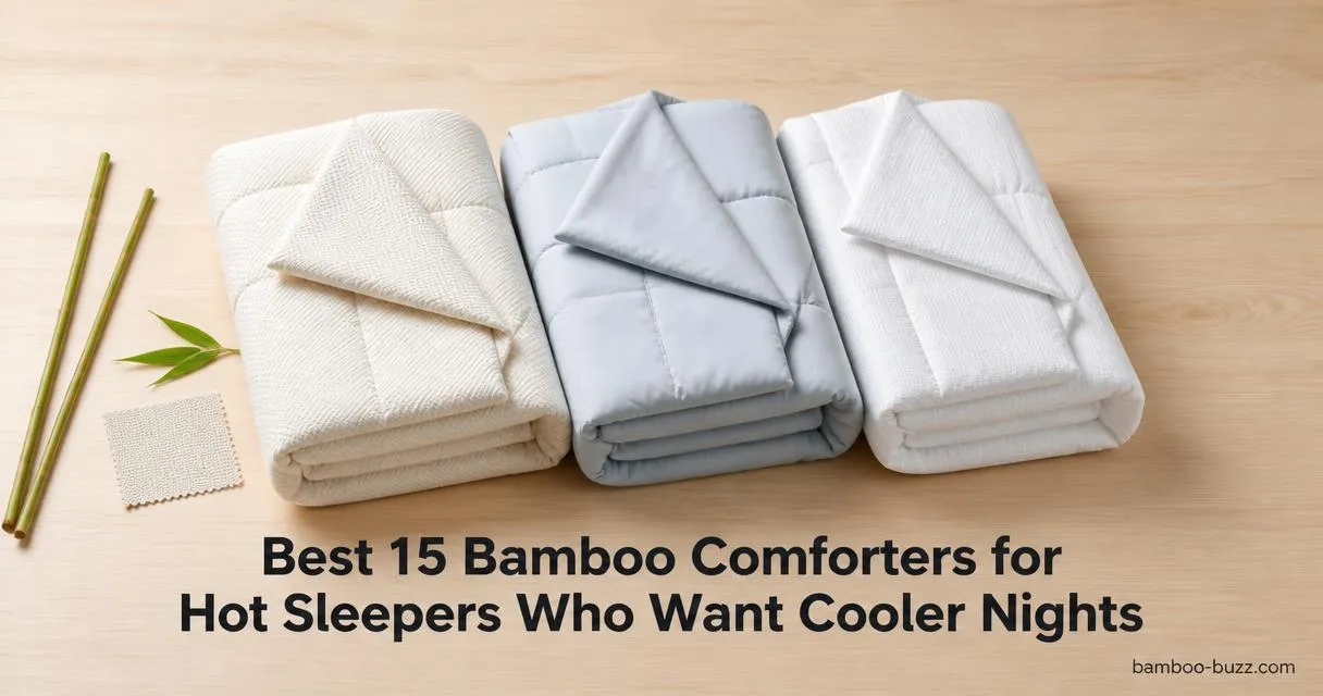 best bamboo comforter: three folded cooling bamboo comforters stacked with bamboo stalk and leaf on a light wood surface