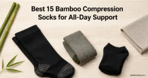 best bamboo compression socks, three pairs (crew, knee-high, travel) on light wood with bamboo stalks and a leaf