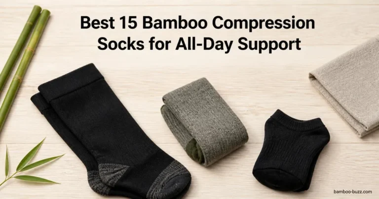 best bamboo compression socks, three pairs (crew, knee-high, travel) on light wood with bamboo stalks and a leaf