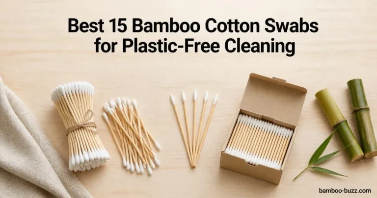 best bamboo cotton swabs: unbleached, pointed-tip and travel-box swabs on a light wood surface with a bamboo stalk and linen