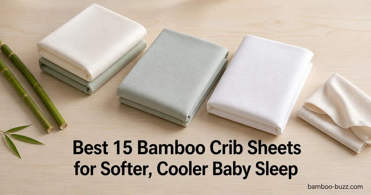 best bamboo crib sheets: three folded bamboo crib sheets (2-pack, luxury, cooling) flatlay with bamboo stalk and leaf on light wood surface