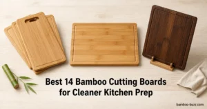 best bamboo cutting board vertical-grain set, reversible 18-inch board and carbonized board with stand on light wood flatlay with bamboo stalk