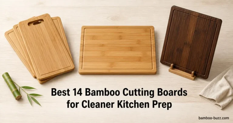 best bamboo cutting board vertical-grain set, reversible 18-inch board and carbonized board with stand on light wood flatlay with bamboo stalk