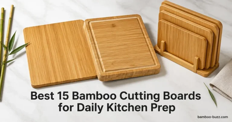 best bamboo cutting board: three bamboo boards (vertical-grain, five-layer, three-piece w/ stand) flatlay on light marble with bamboo stalks and linen