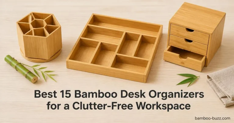 best bamboo desk organizer flatlay with hexagonal pen cup, large tray and stackable three-drawer on light wood
