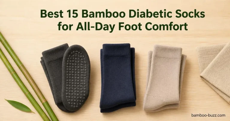 bamboo diabetic socks: gripper, moisture-wicking and seamless-toe pairs flatlaid on light wood with bamboo stalks