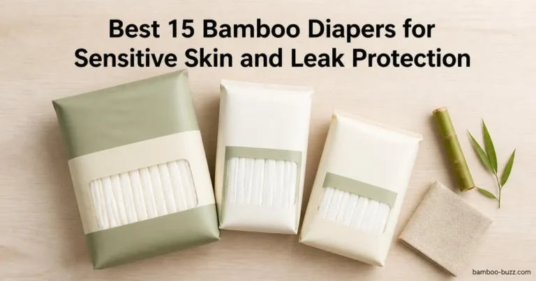 best bamboo diapers: three neutral diaper packs arranged with a bamboo stalk, leaf, and folded linen on light wood surface