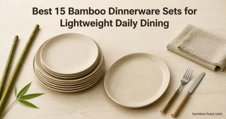 best bamboo dinnerware: neutral bamboo fiber plates with bamboo-handle flatware, bamboo stalk and linen napkin on light wood